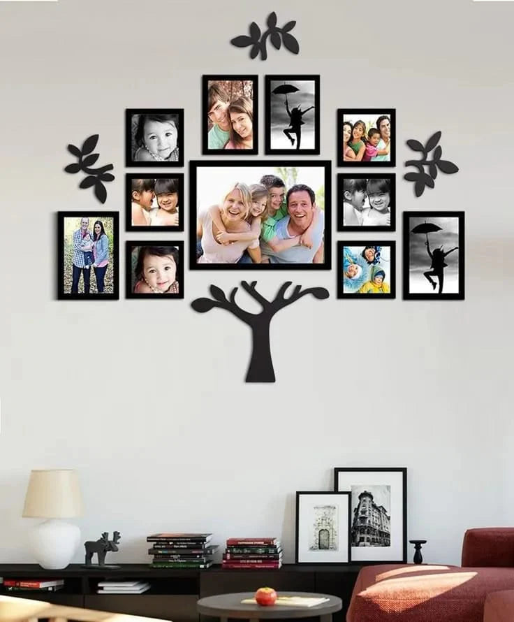 Wall with family photo collage and decorative tree shapes