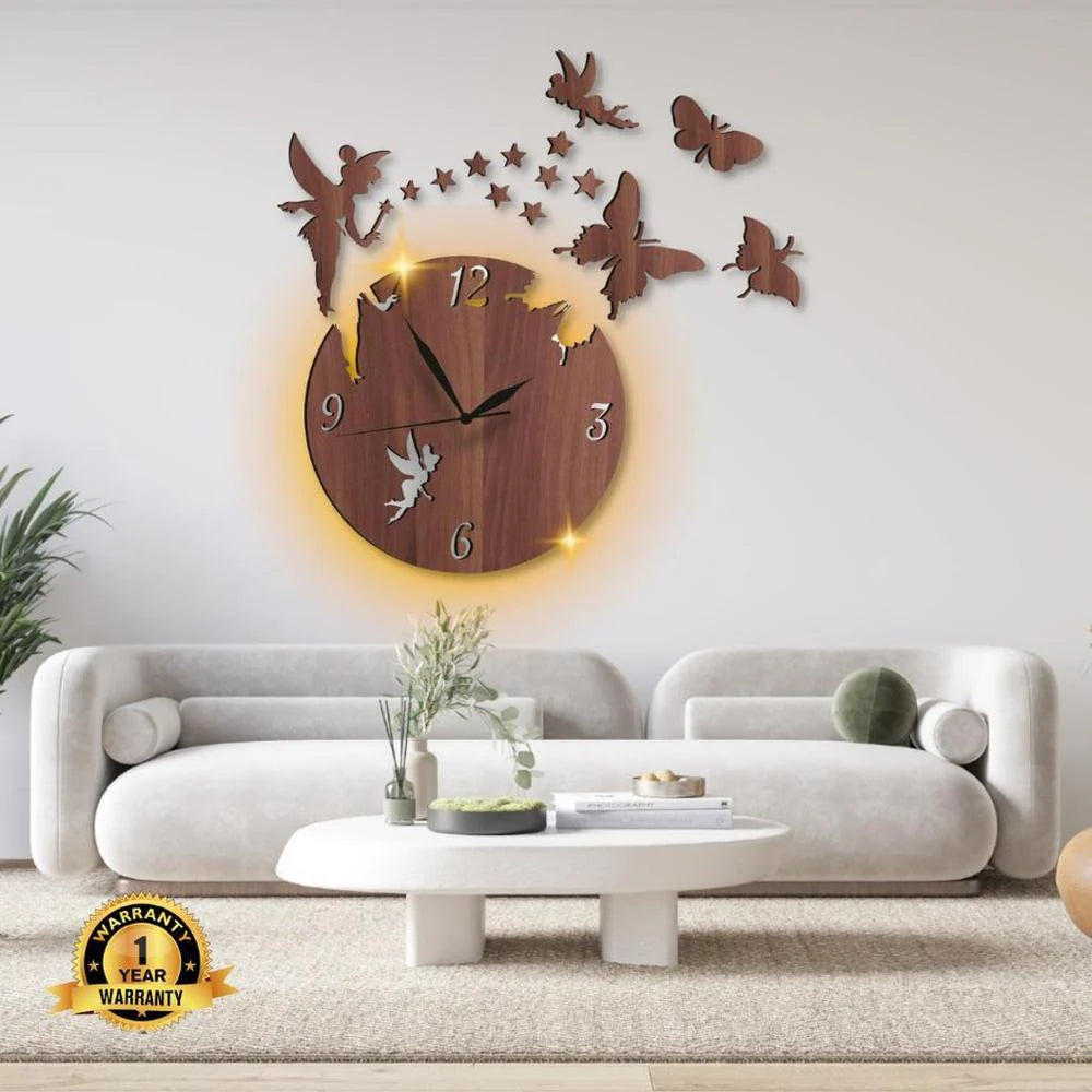Wooden wall clock with decorative elements in a living room setting