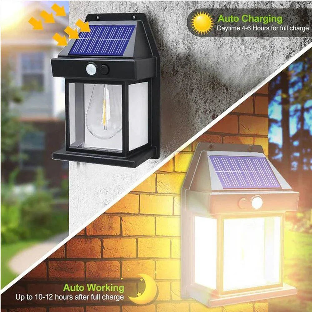 Solar-powered outdoor light fixture with charging and working time information on a textured wall background.