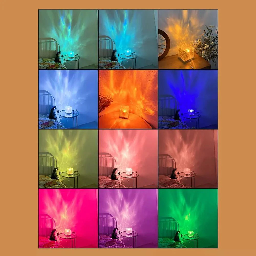 Collage of a room with colorful light projections on a beige background