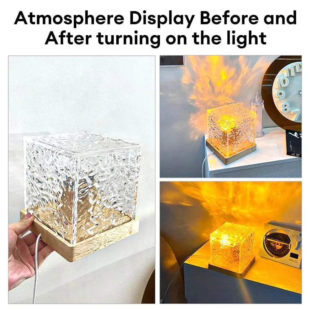 Before and after comparison of a light cube with flames on a table.