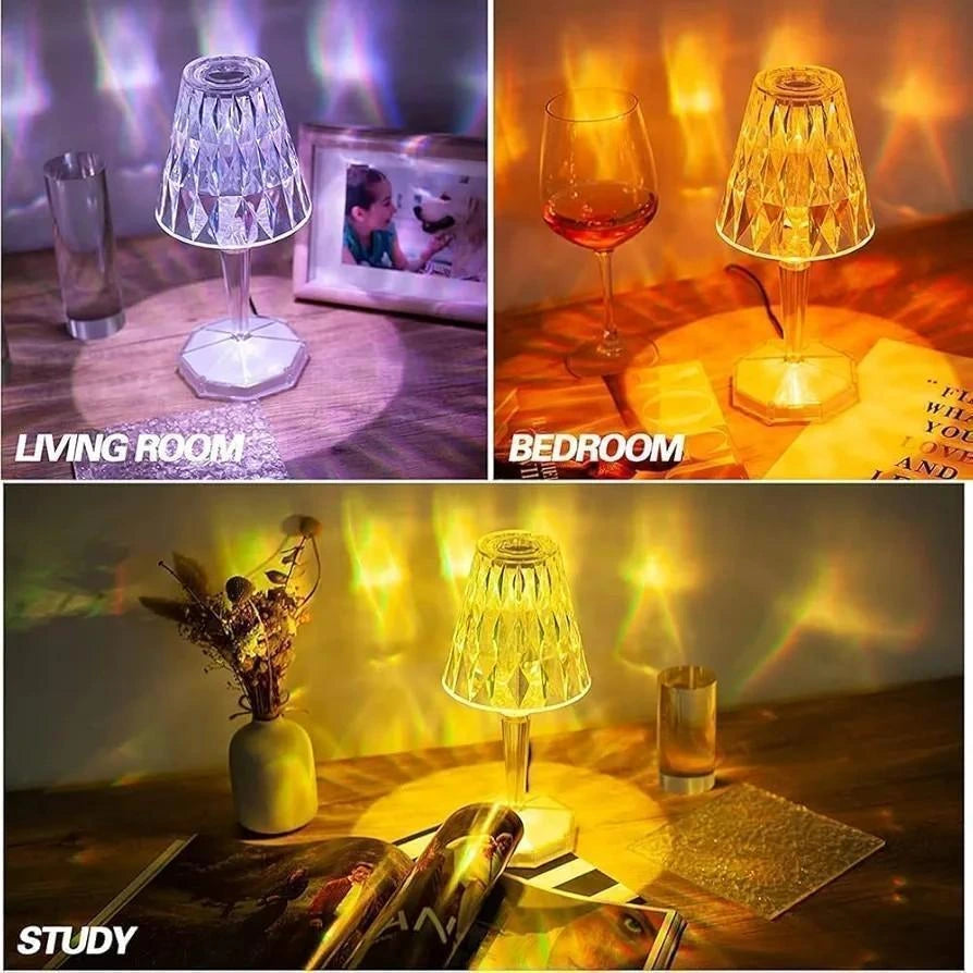Collage of a small lamp in different settings: living room, bedroom, and study.