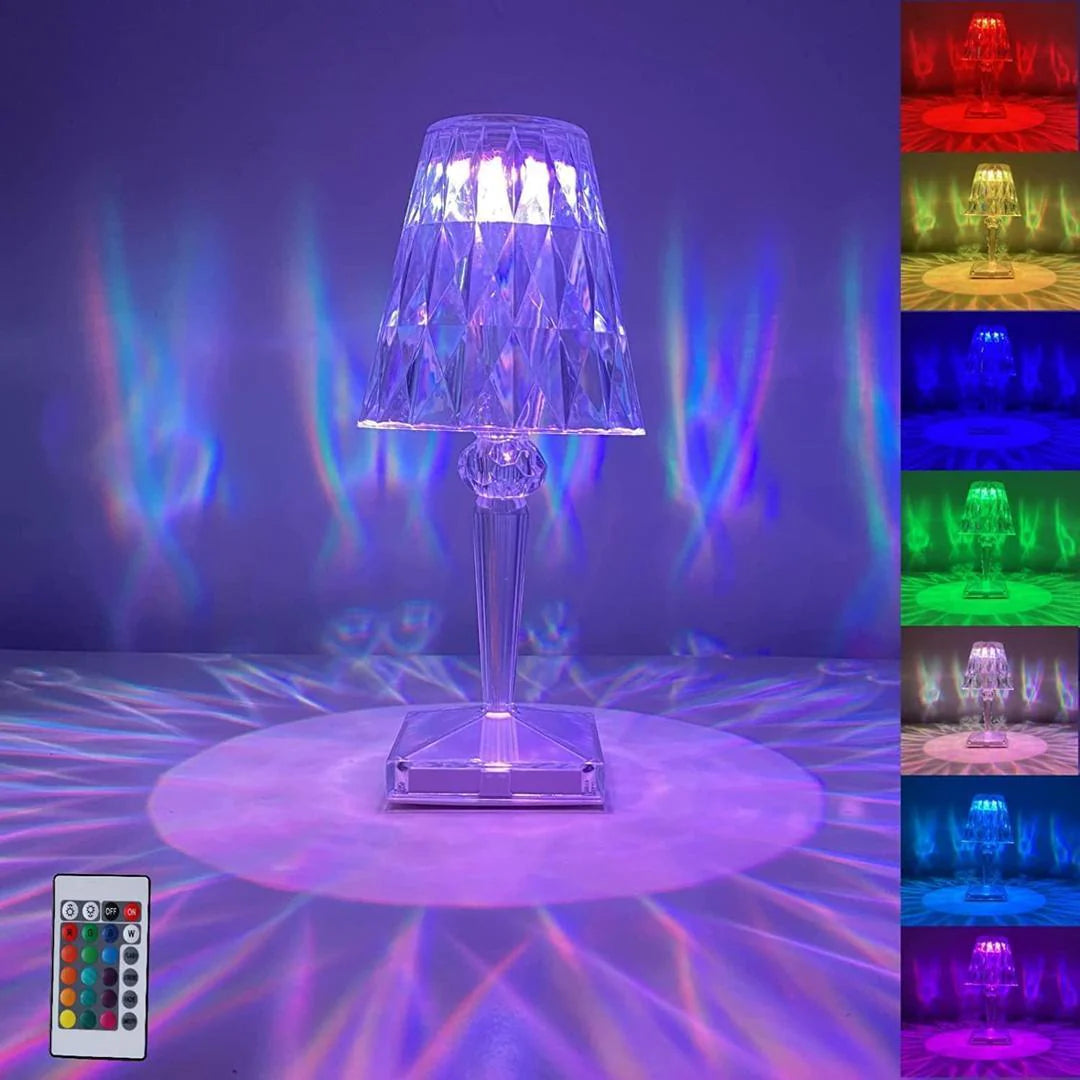 Color-changing lamp with remote control on a dark background