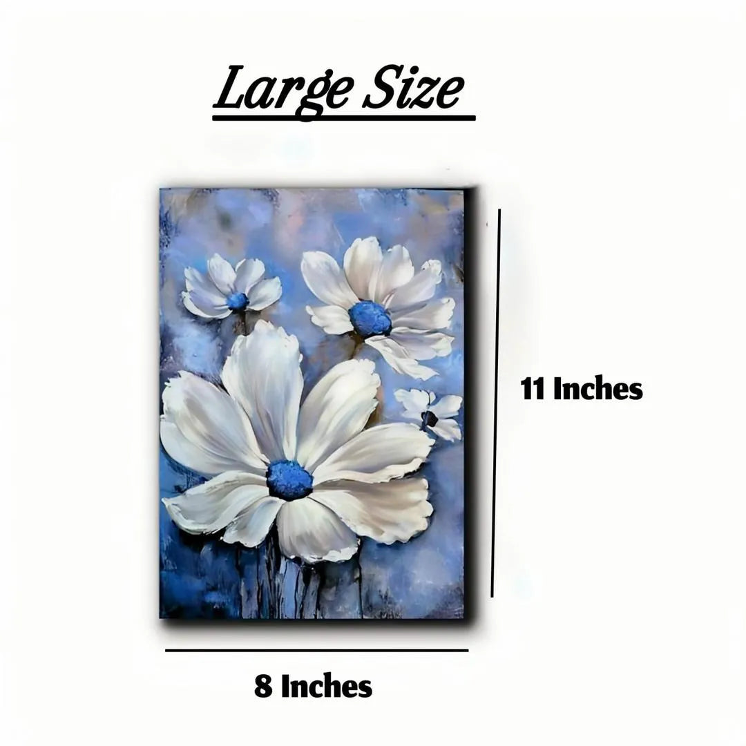 Painting of white flowers with blue centers on a blue background, labeled as 'Large Size' with dimensions.