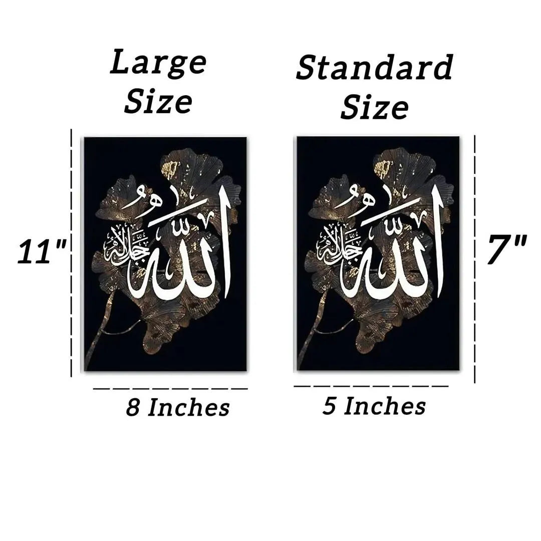 Two sizes of a decorative item with text and measurements shown.