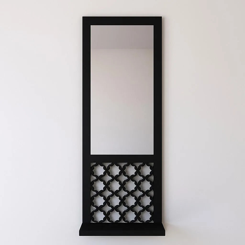 Black decorative mirror with lattice design on a white background
