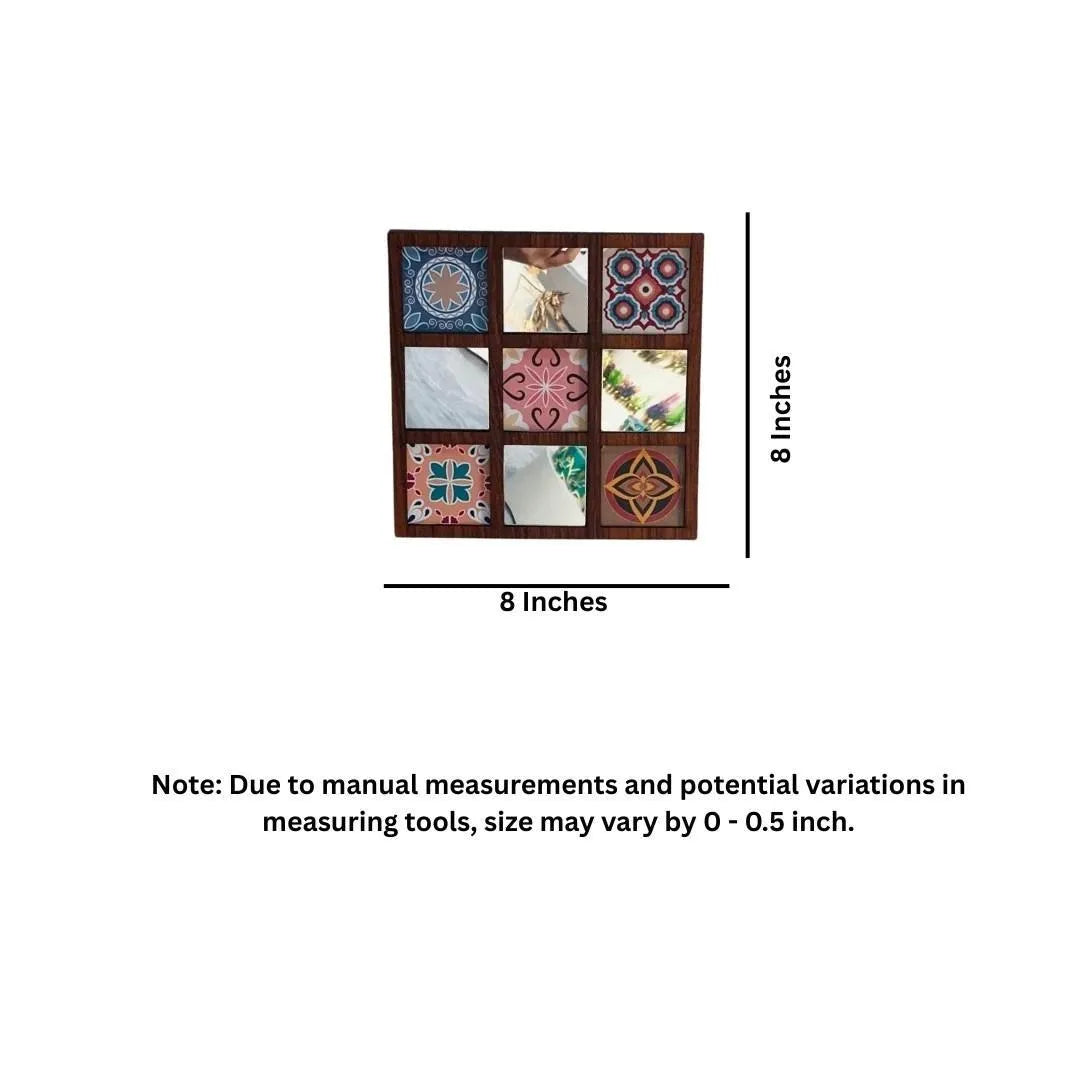 Decorative wall frame with colorful square panels, dimensions indicated as 8 inches.