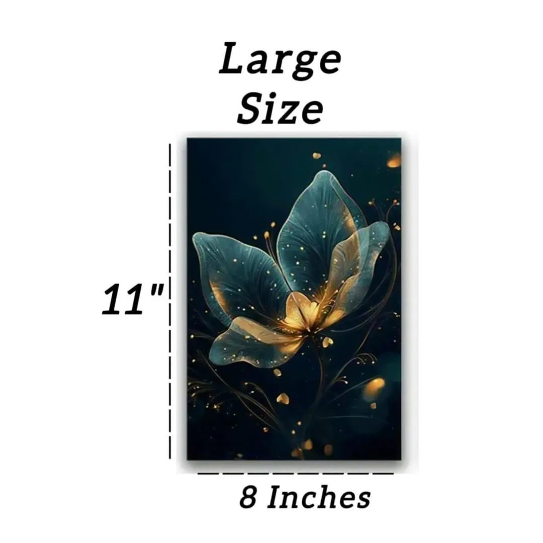 Decorative poster with a large flower design and measurements on a white background