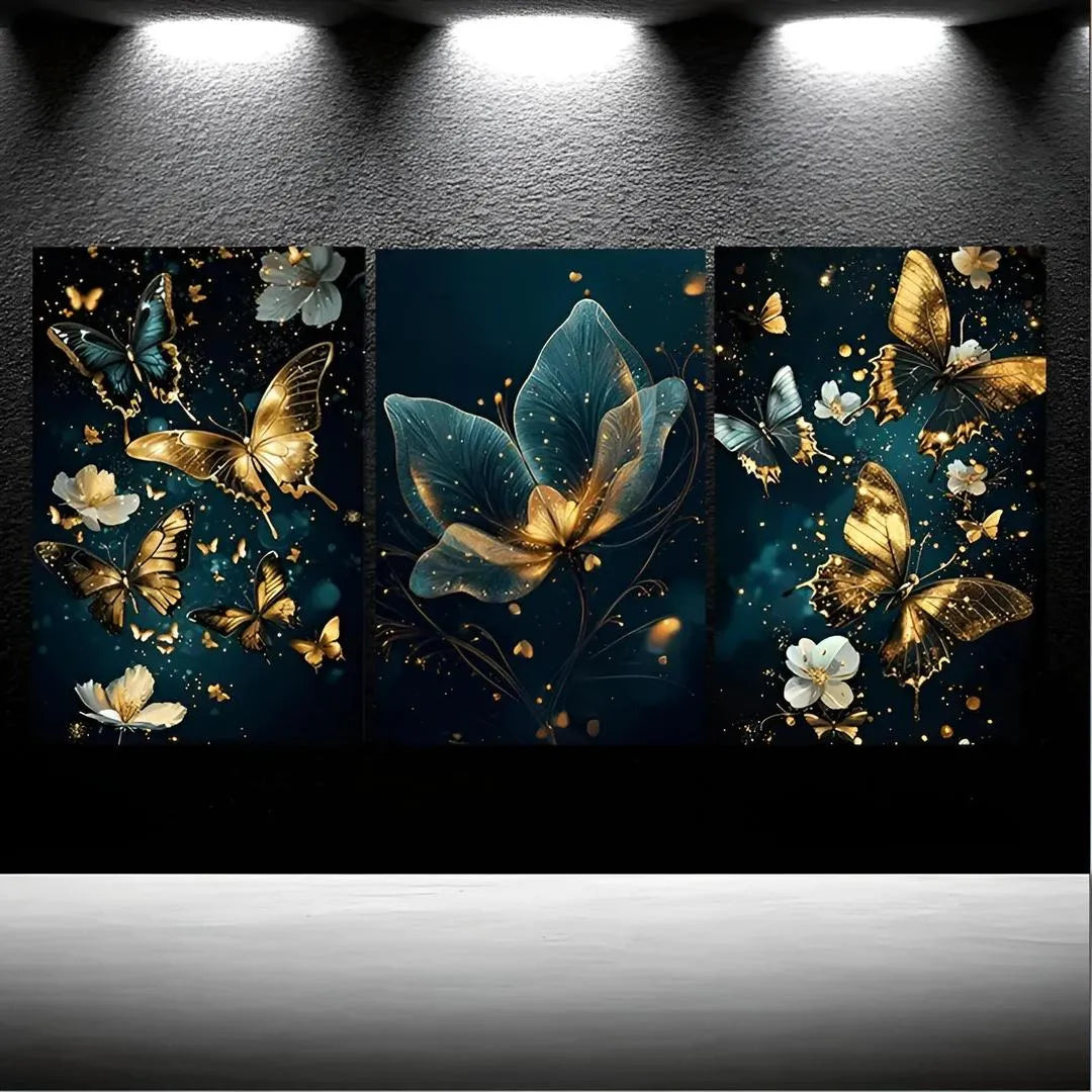 Decorative wall art with butterflies and flowers on a dark background