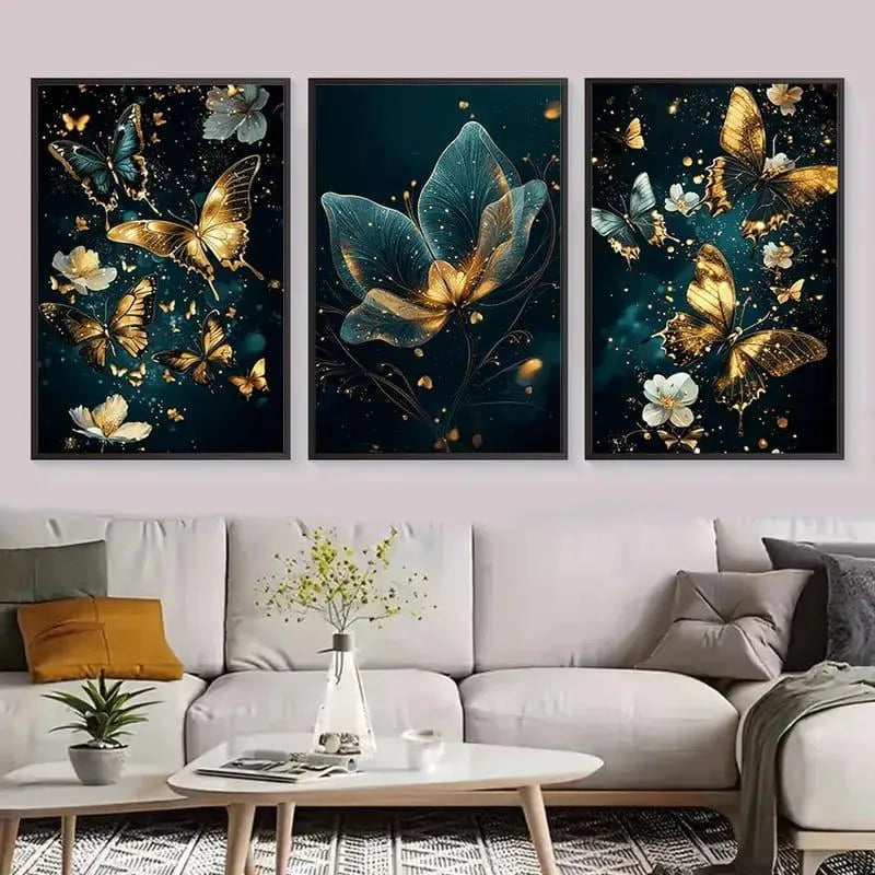 Three framed butterfly artworks on a wall above a sofa in a living room.