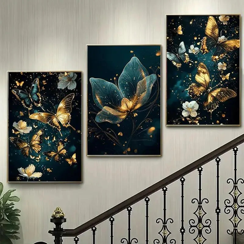 Three butterfly-themed wall art pieces on a wall with decorative railing.