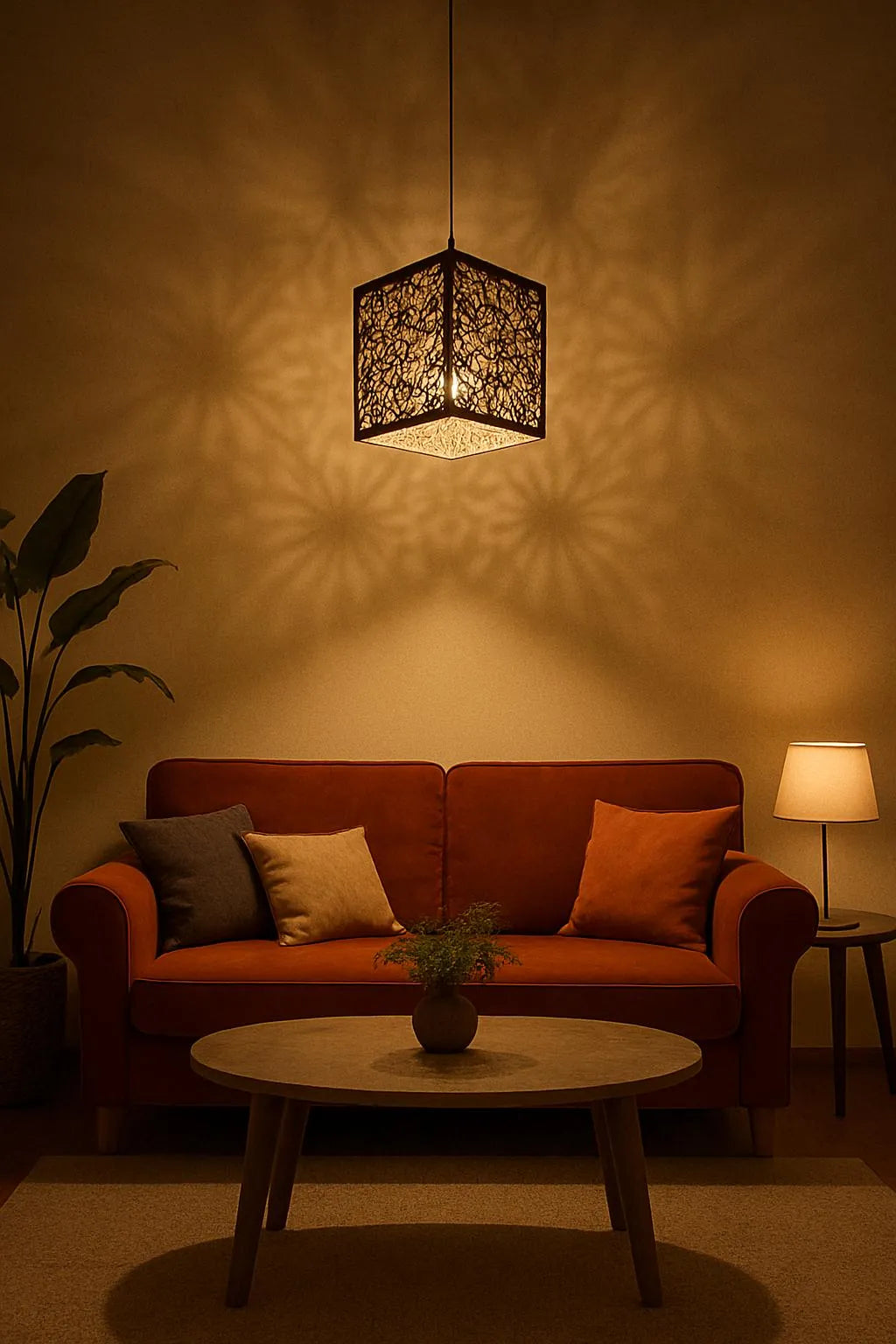 Cozy living room with a red sofa, table, and decorative lamp casting shadows on the wall.