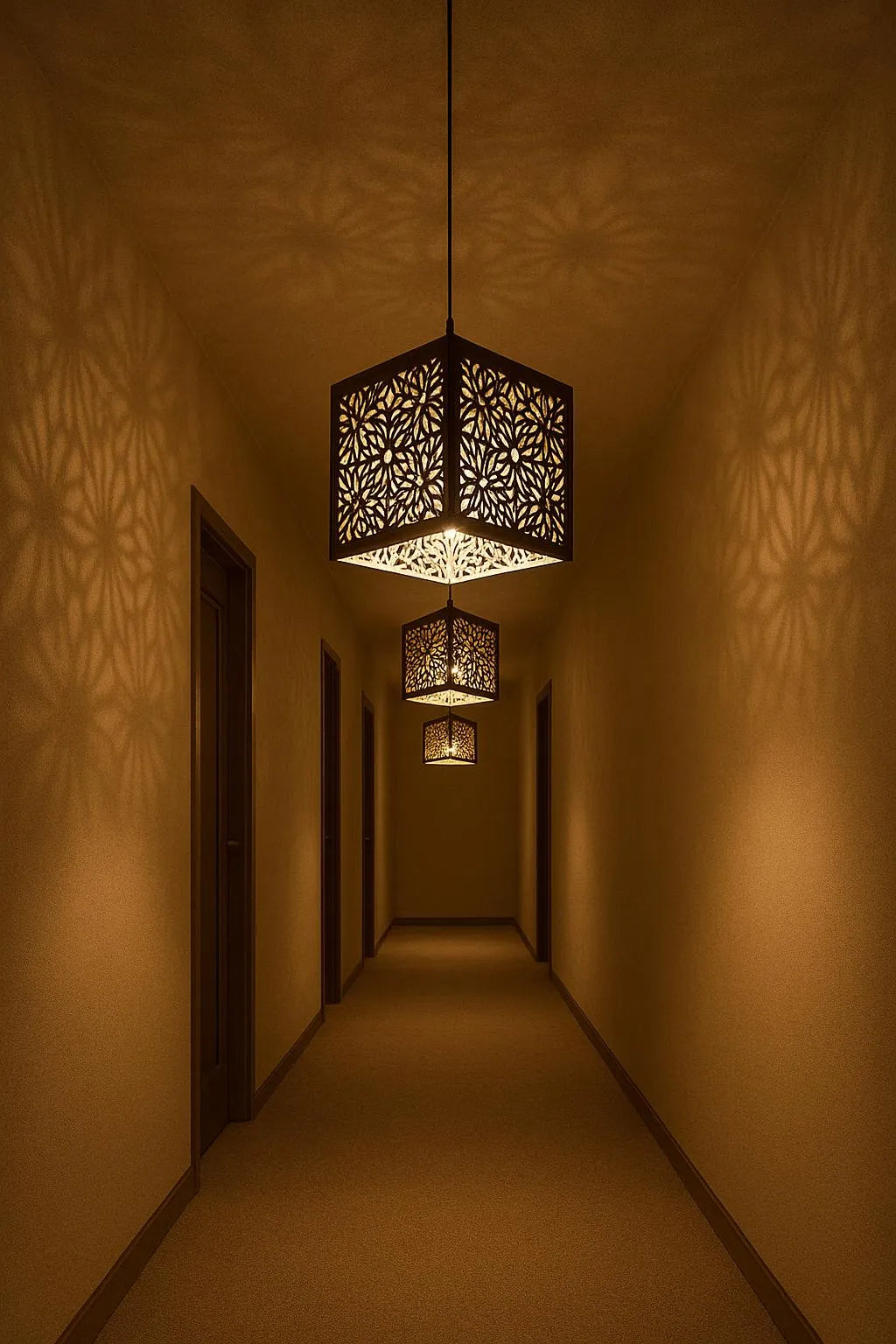 Decorative ceiling light fixture casting intricate shadows in a dimly lit hallway.