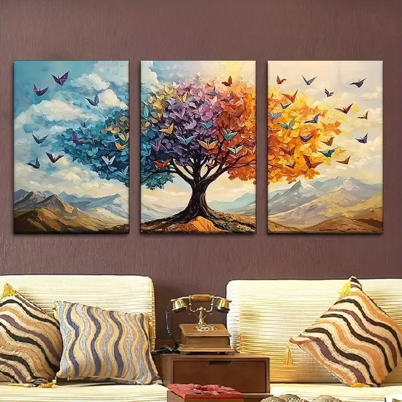 Three-panel wall art set with a colorful tree and butterflies on a purple wall.