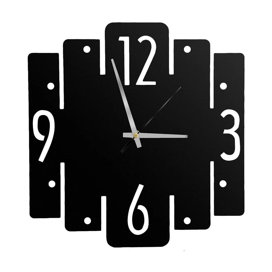Black square wall clock with white numbers on a white background
