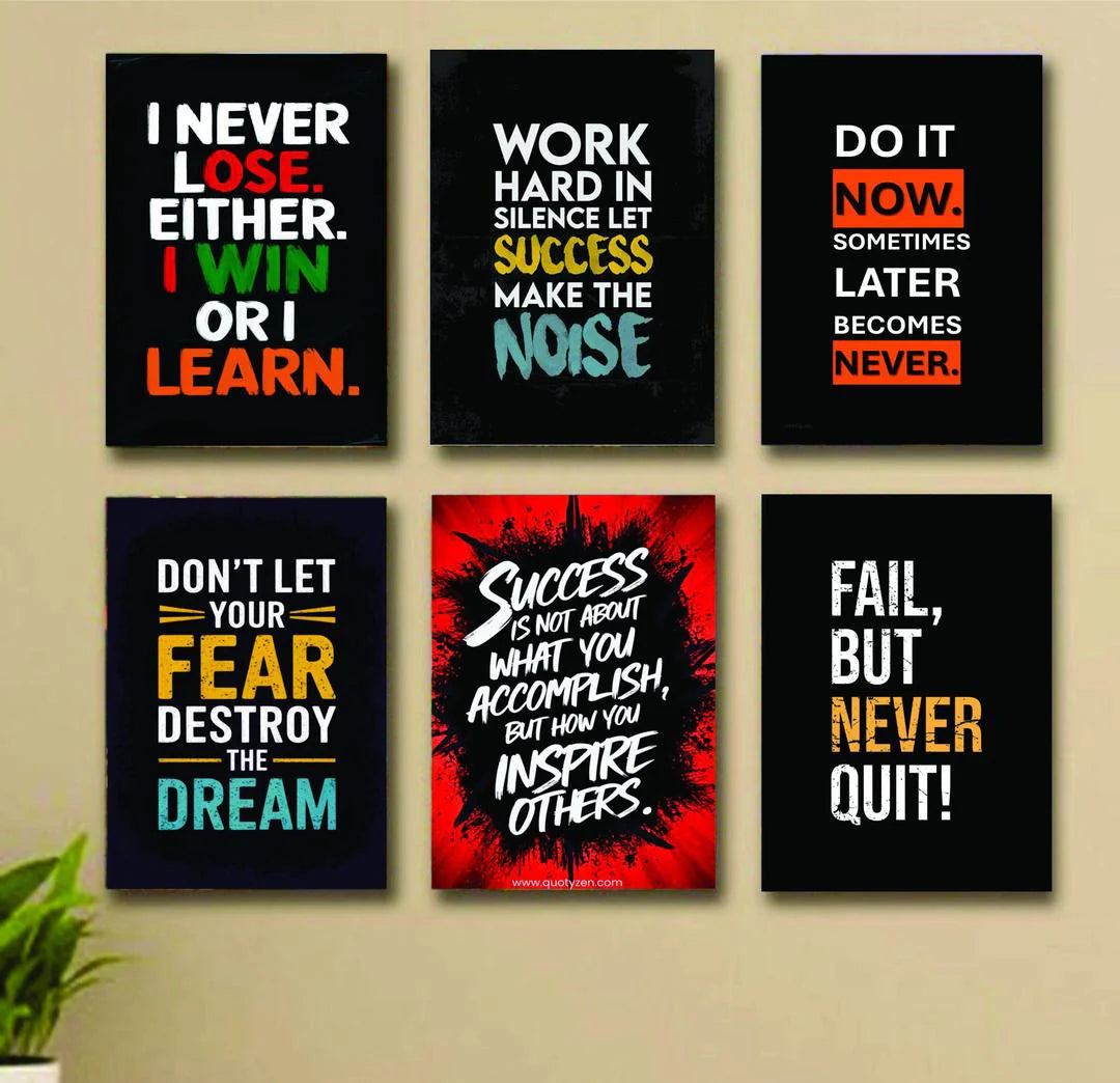Set of motivational posters with inspirational quotes on a wall.
