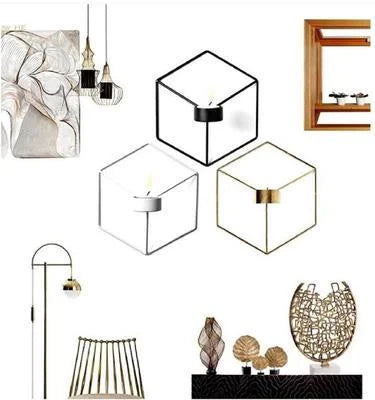 Collection of various home decor items including wall lights, candle holders, and sculptures on a white background.