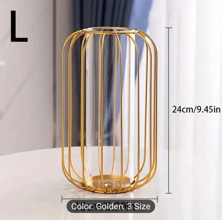 Gold wire cage vase with clear glass on a white surface, dimensions indicated.