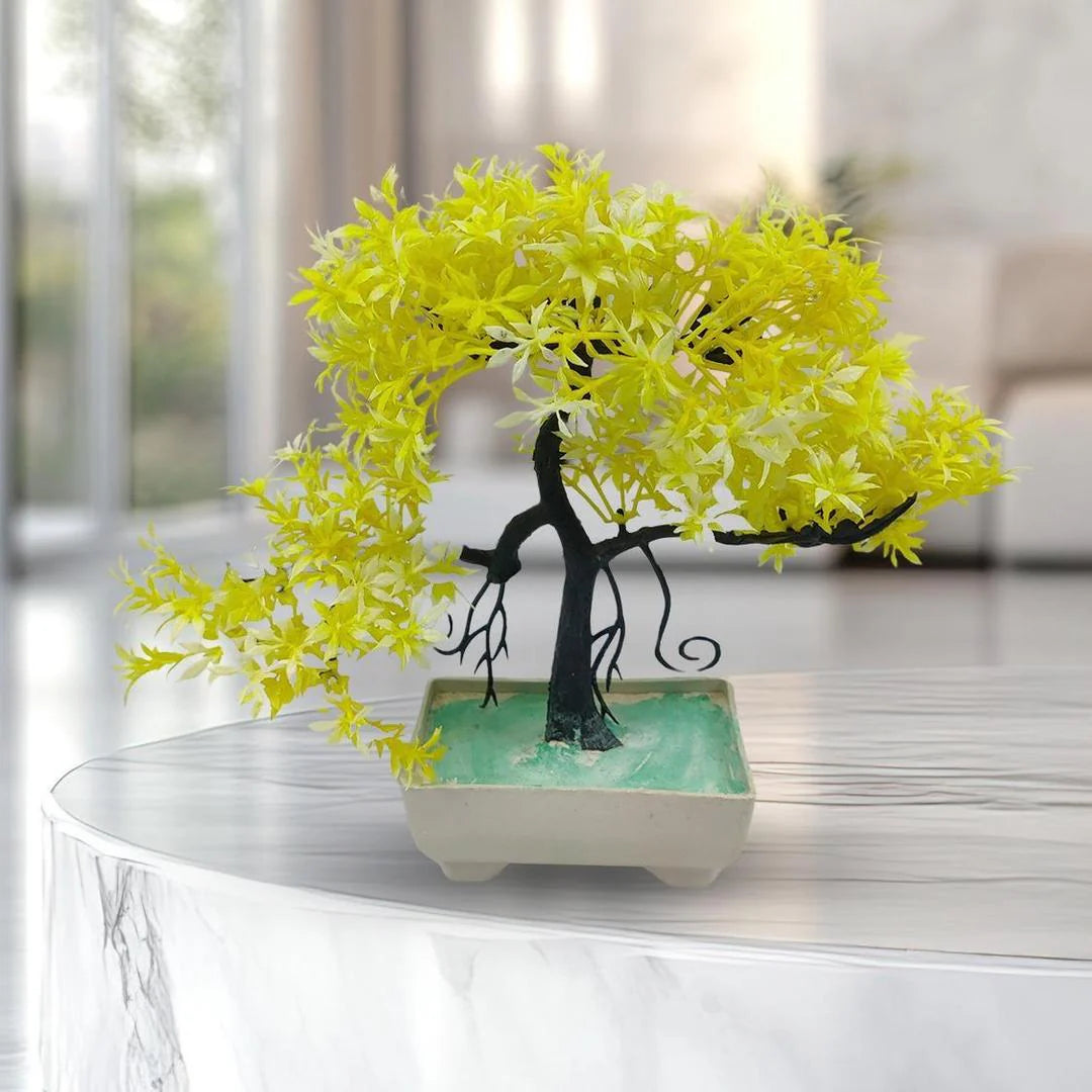 Decorative bonsai tree in a pot on a reflective surface with a blurred background