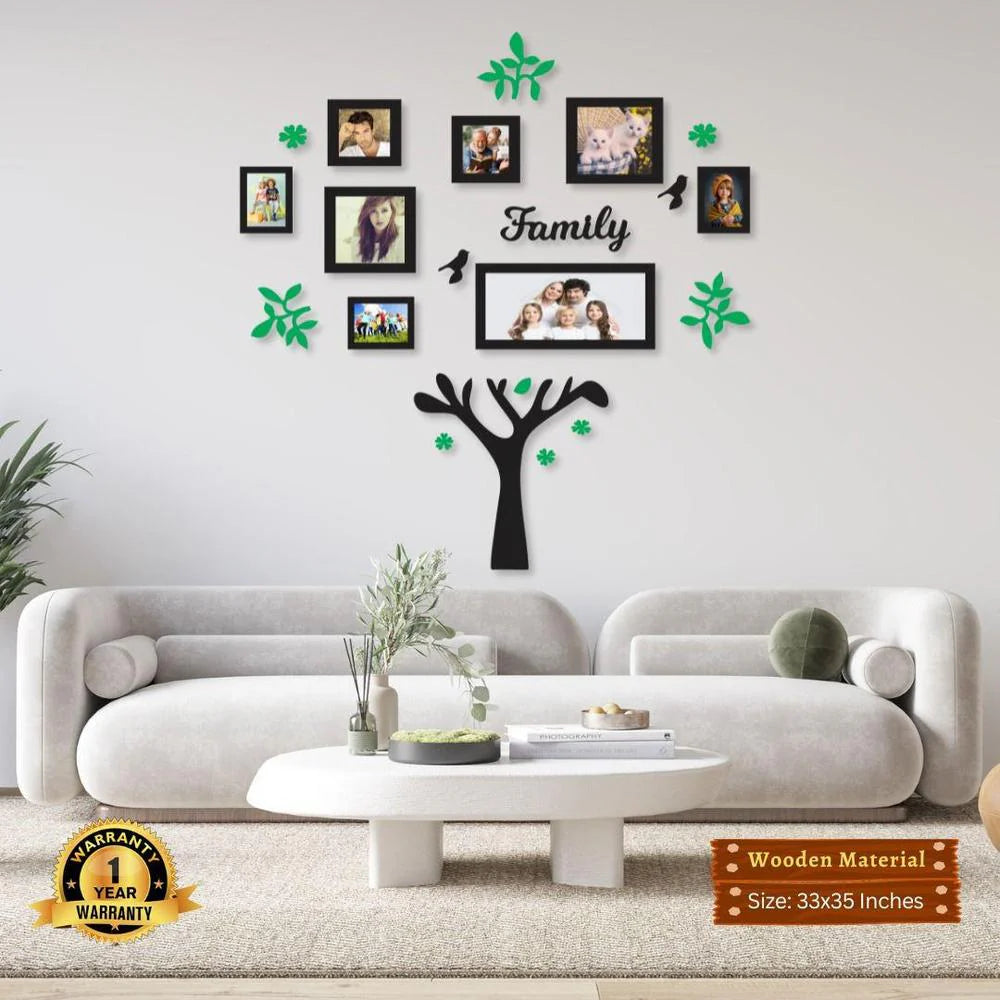 Living room with decorative wall art, family tree, and photo frames.