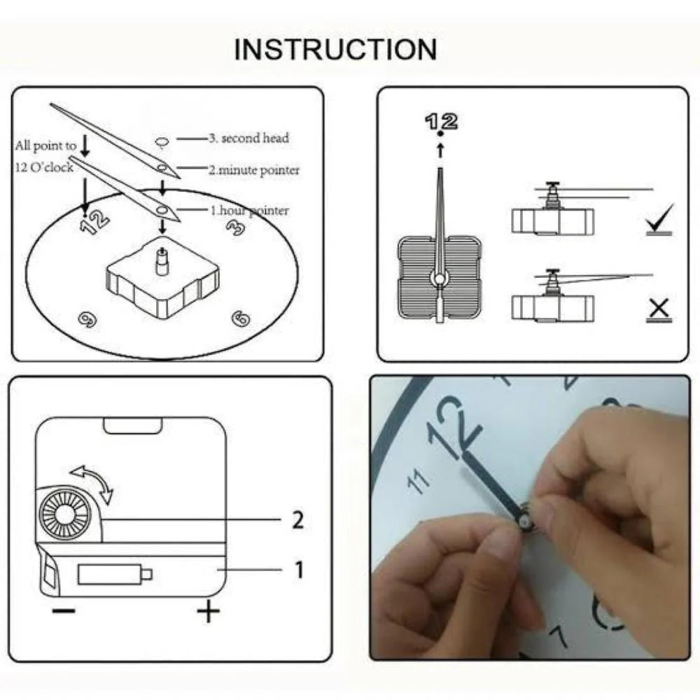 Instructions for setting a clock with diagrams and a photo of hands setting the clock.