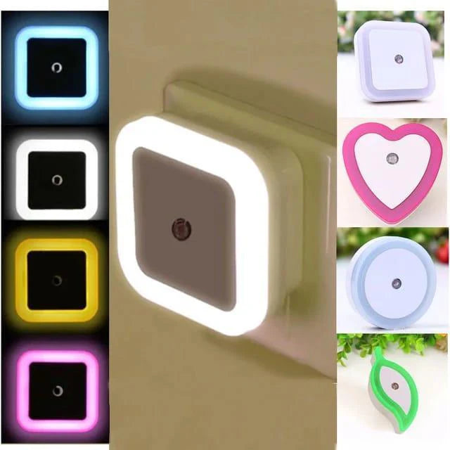 Collage of various colorful night light switches on a neutral background