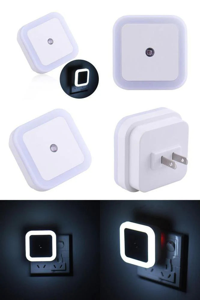 Square night light with plug and socket on a white background