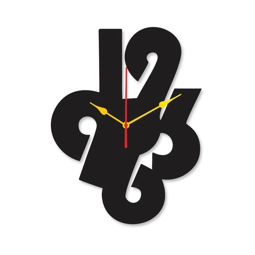 Black wall clock with yellow hour hand and red second hand on a white background