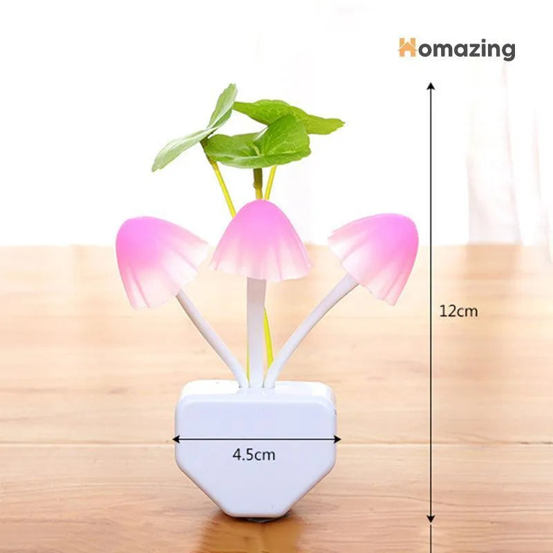 Decorative LED mushroom lamp with dimensions on a wooden surface, branded 'Homazing'.