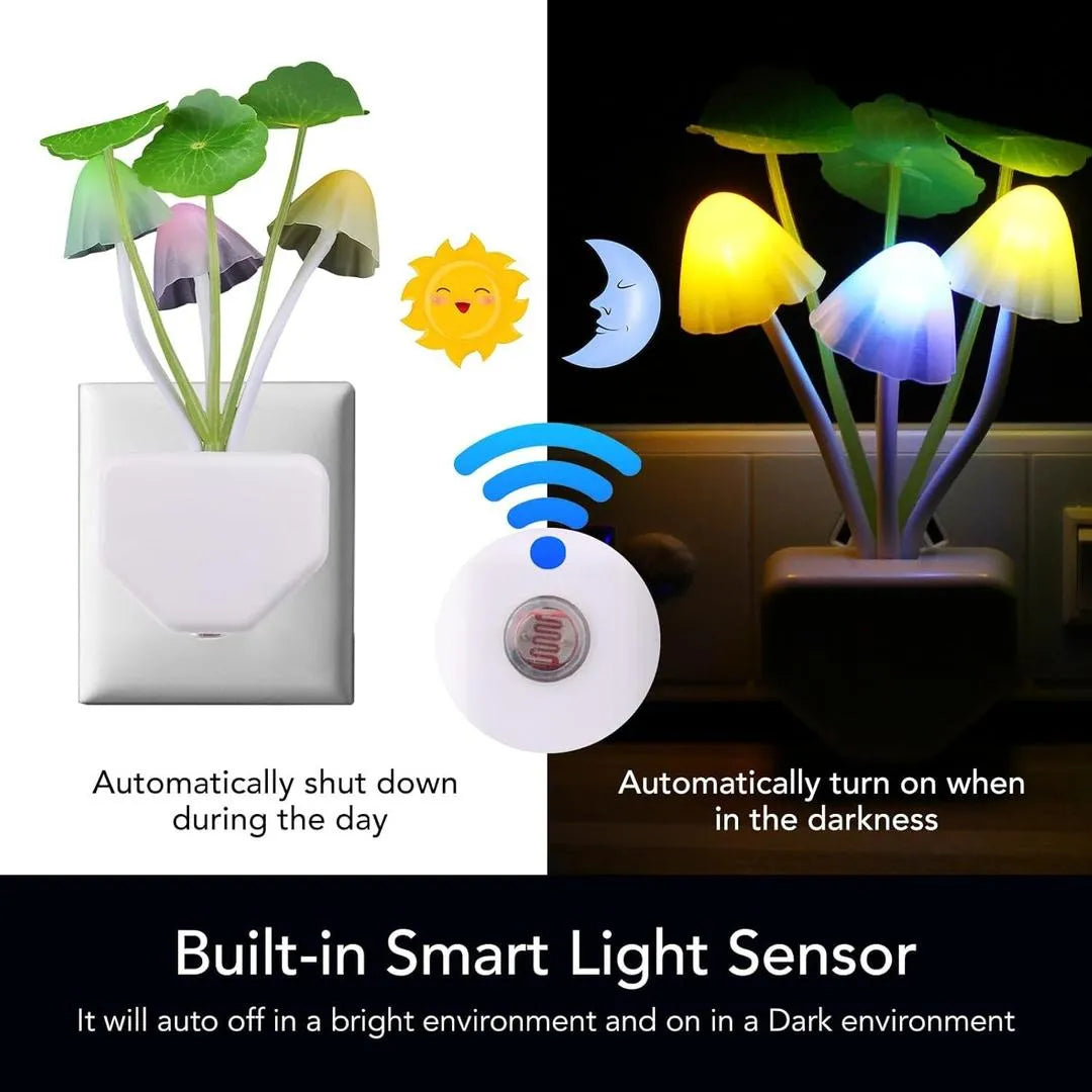 Mushroom-shaped night light with built-in smart light sensor on a white background