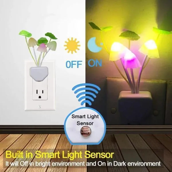 Smart light sensor with night light feature on a wooden floor.
