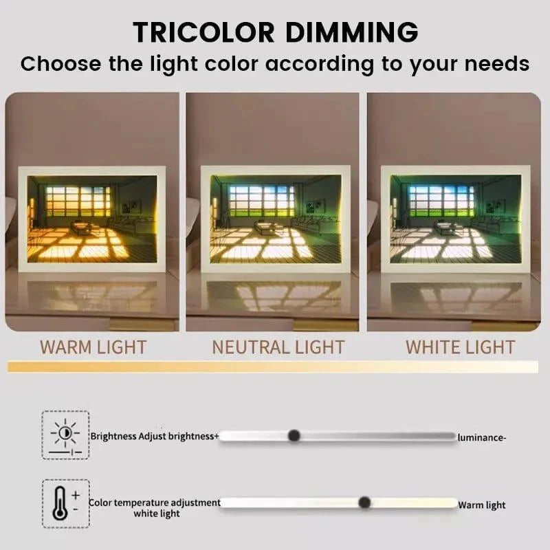Tricolor dimming feature with warm, neutral, and white light options on a gray background.