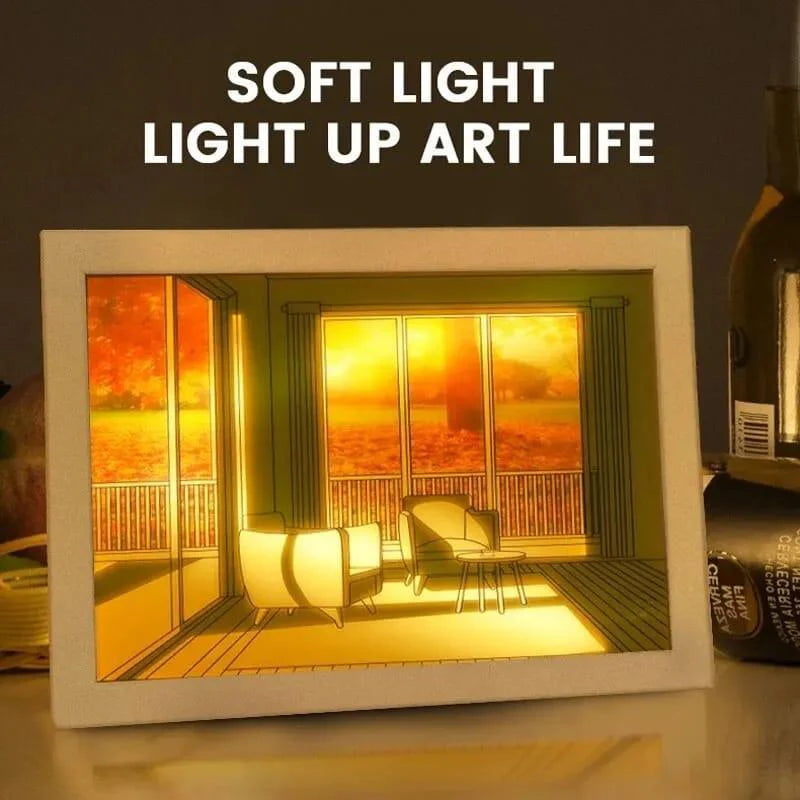 Framed artwork with soft light feature, displaying a cozy room scene.