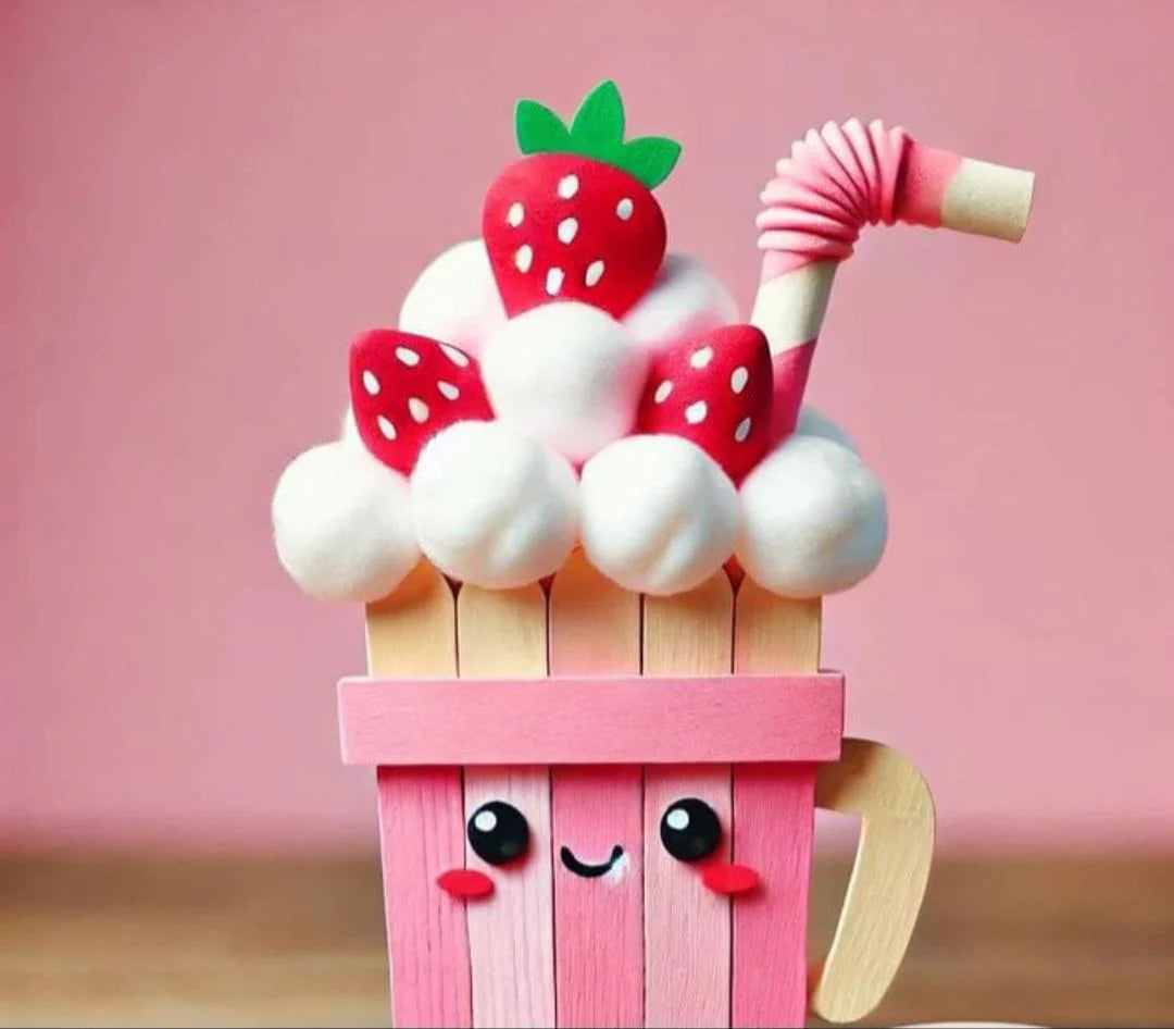 Toy resembling a strawberry milkshake with a pink cup and whipped cream on a pink background