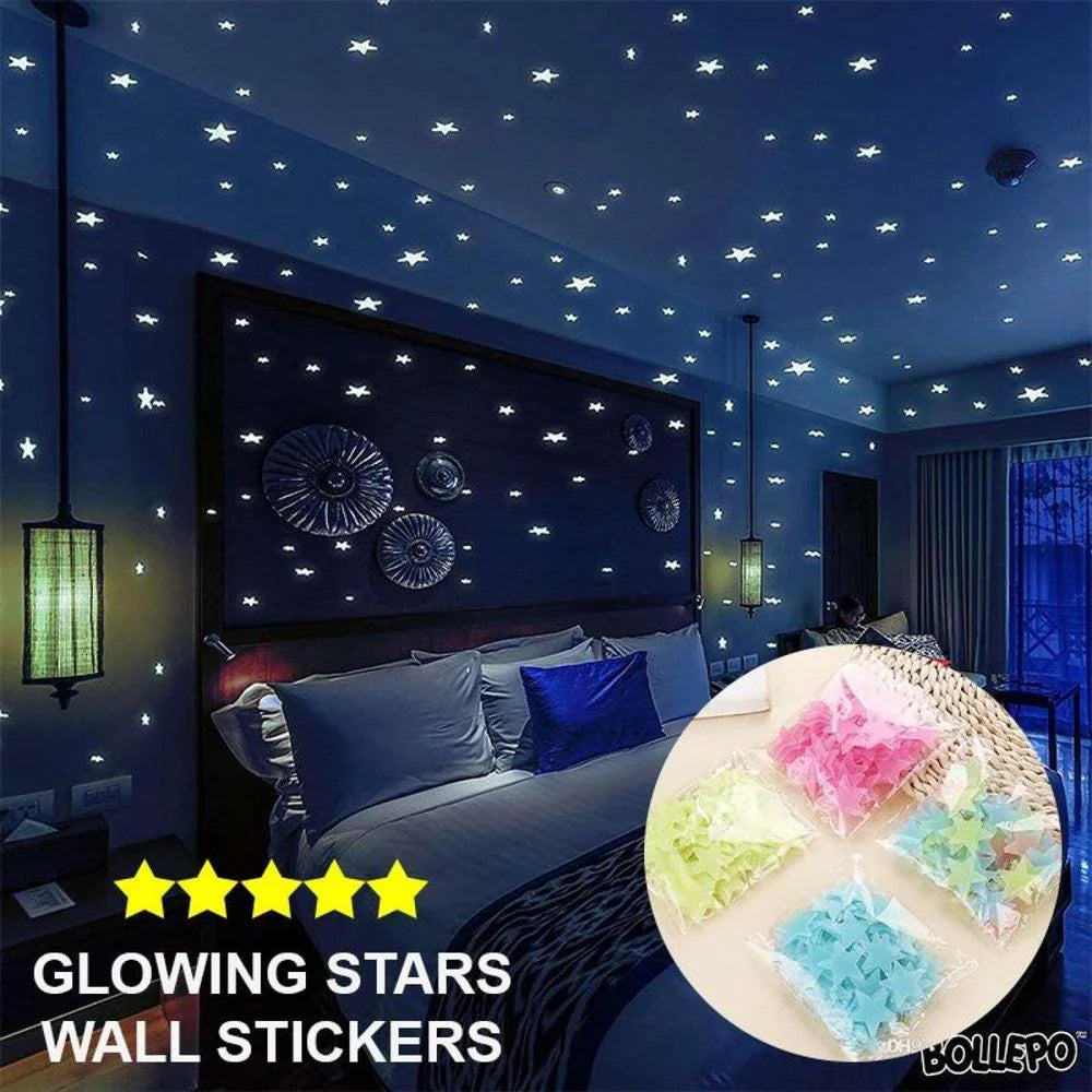 Bedroom with glowing star wall stickers on the ceiling and walls, with a close-up of the stickers in the corner.
