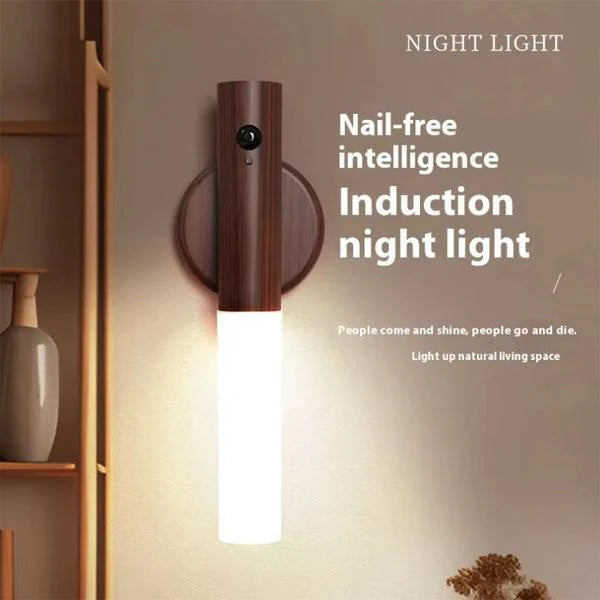 Induction night light on a wall with text highlighting its features.