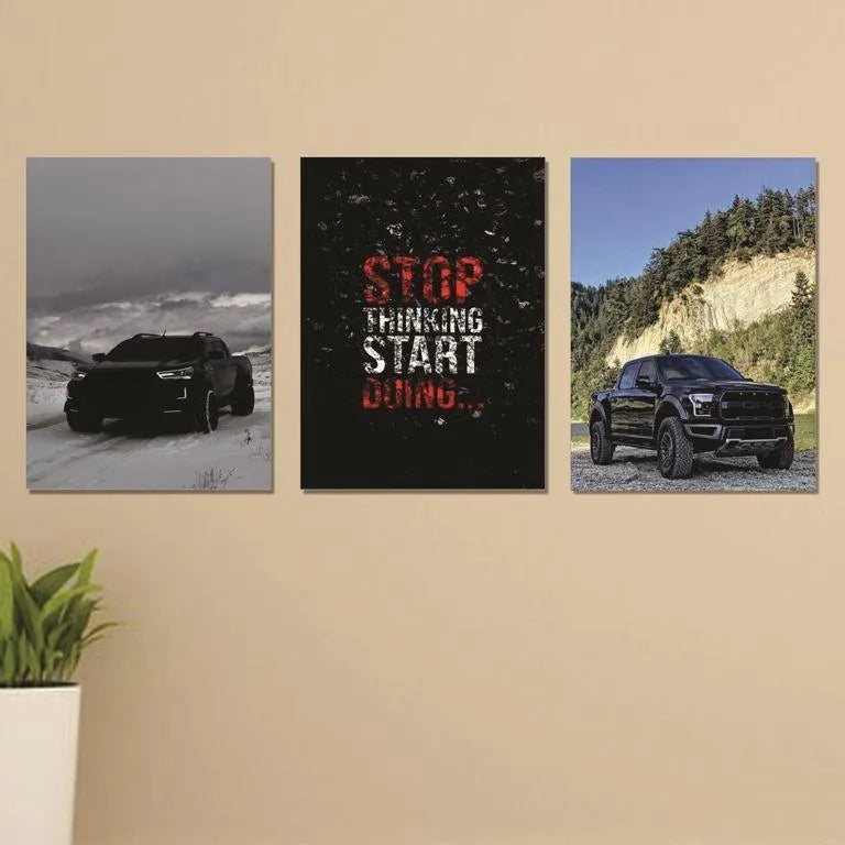 Three framed pictures of a black truck on a beige wall with motivational text.