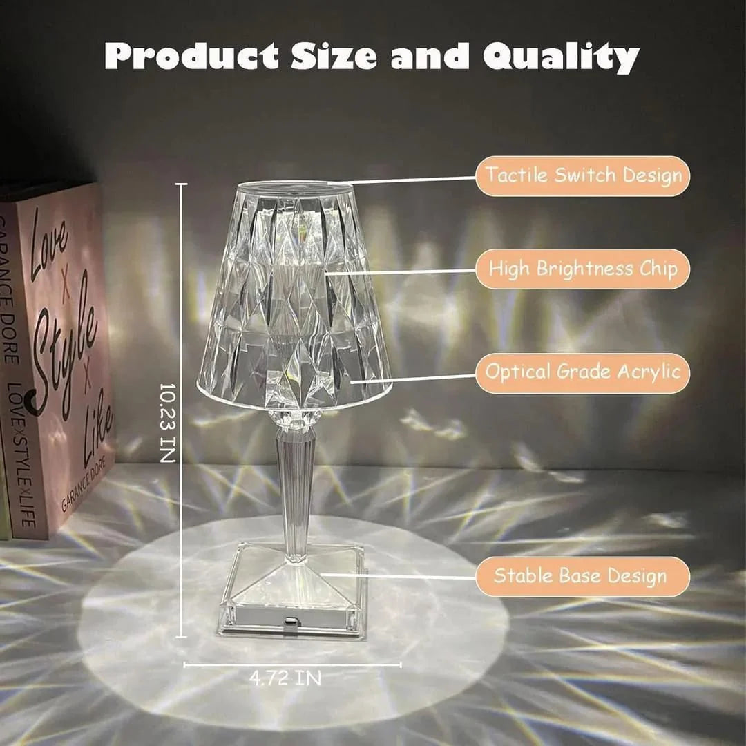 Clear lamp with labeled features and dimensions on a dark background