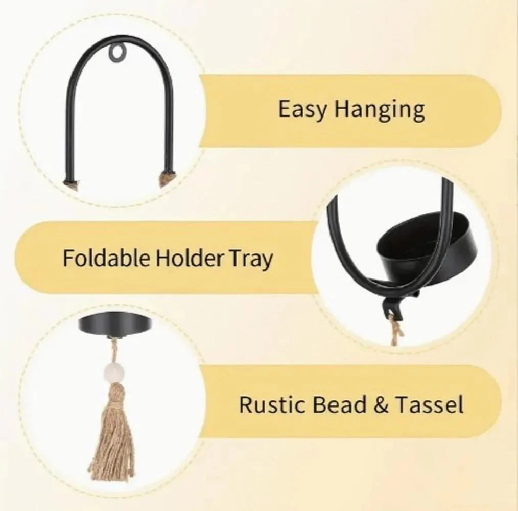 Product features including easy hanging, foldable holder tray, and rustic bead & tassel on a beige background.