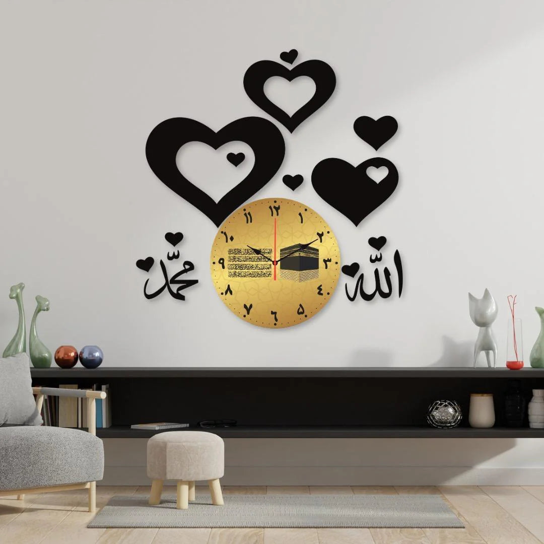 Decorative wall clock with black heart shapes and Arabic text in a living room setting.