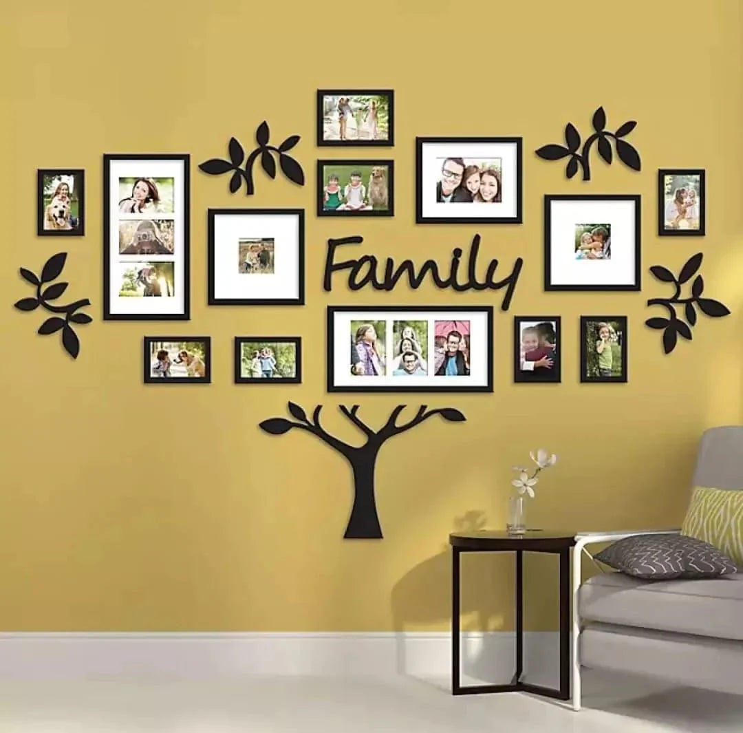 Wall decor with family photo frames and 'Family' wall art on a yellow wall.