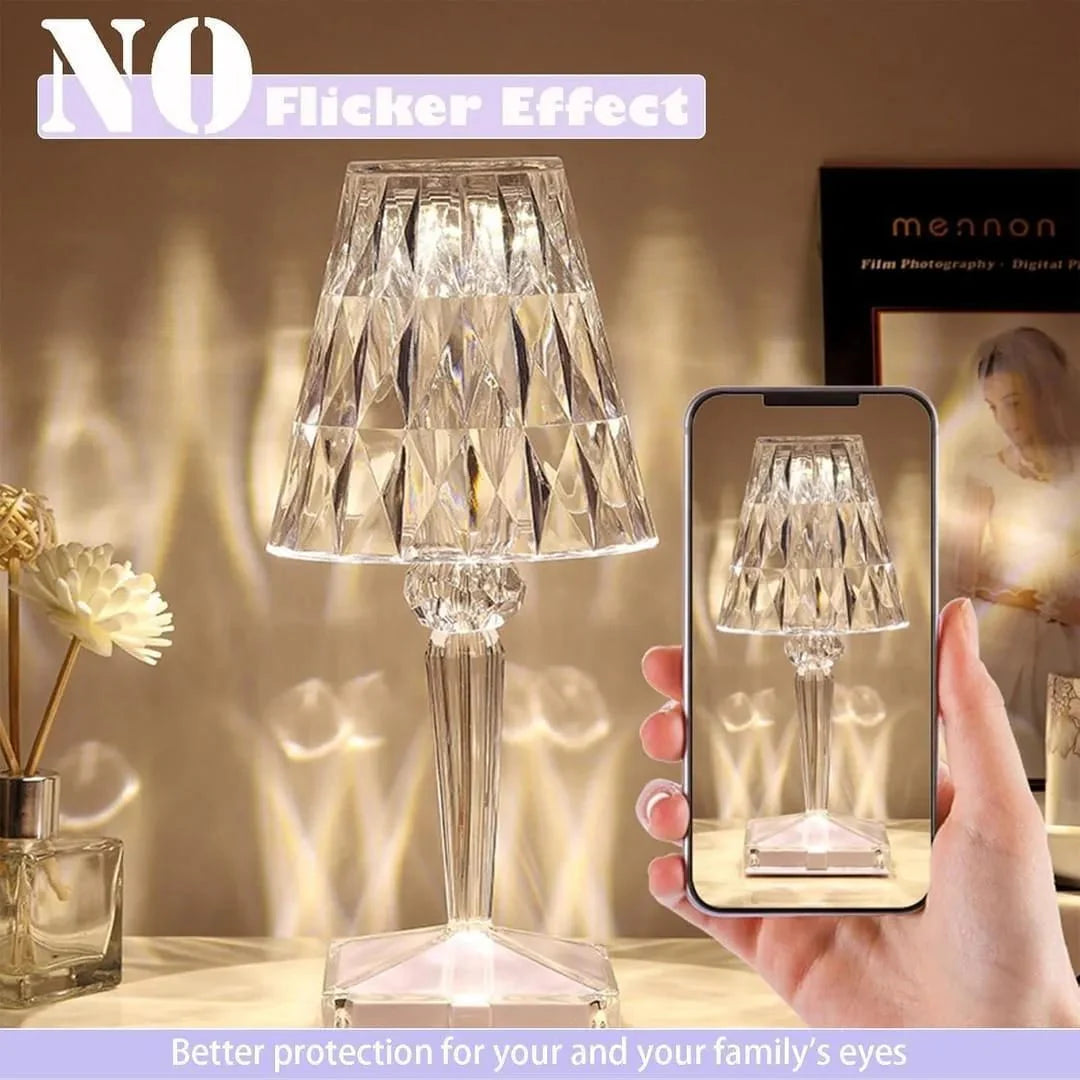 Crystal lamp with smartphone showing a similar image, emphasizing no flicker effect.